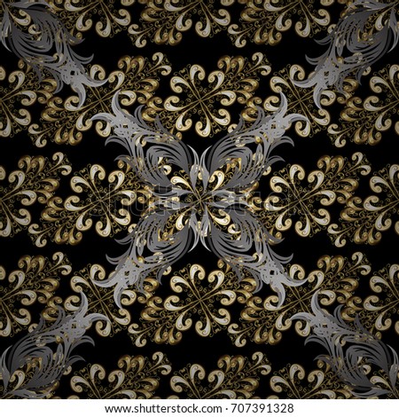Seamless vintage pattern on black background with golden elements and with gray doodles. Christmas, snowflake, new year.