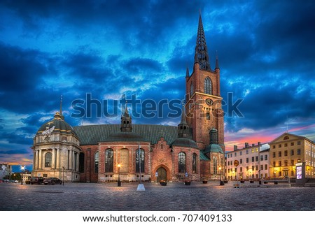 HDR image of Riddarholmen Church at dusk located in Old Town (Gamla Stan) of Stockholm, Sweden Royalty-Free Stock Photo #707409133