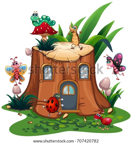 Many insects around the stump tree illustration