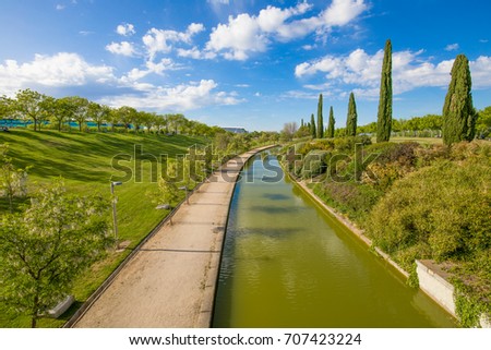 landscape of waterway in public park named Juan Carlos, in Madrid city, Spain