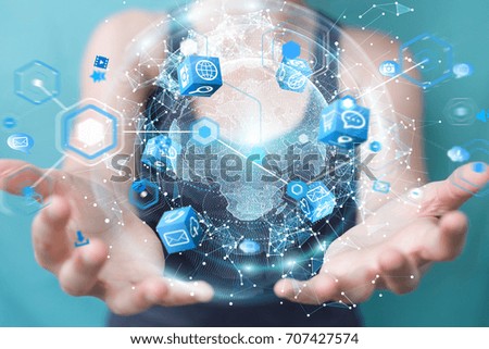 Businesswoman on blurred background using flying earth network interface 3D rendering