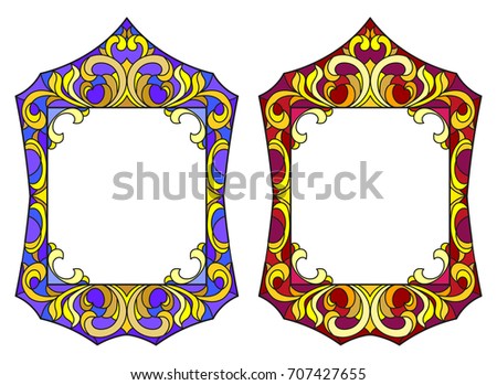 Set of illustrations in the style of stained glass with frames, blue and red frame with floral ornaments