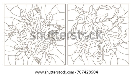Set contour illustrations of stained glass with flowers,lilies and roses