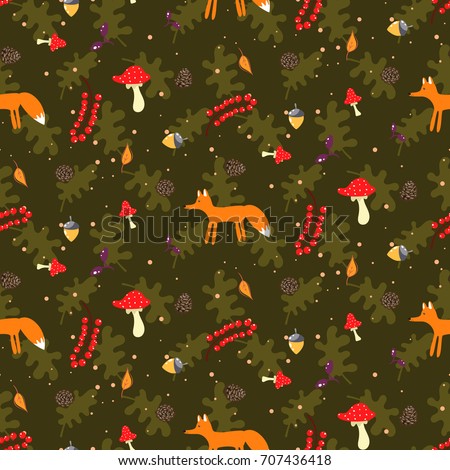 Rustic cartoon autumn forest seamless vector pattern with cute foxes and amanita mushrooms. Fall background with oak leaves on back.