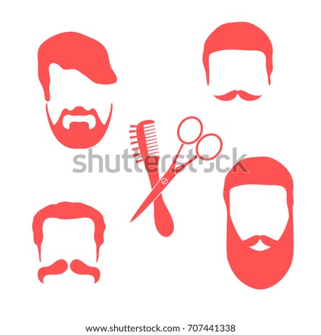 Cute vector illustration of men hairstyles, beards and mustaches, hairdresser tools care. Male haircuts. Barbershop symbol.