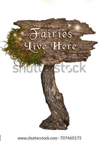 Weathered Wood sign with Letters Fairies Live Here on isolated background/Aged wooden sign with letters Fairies Live Here