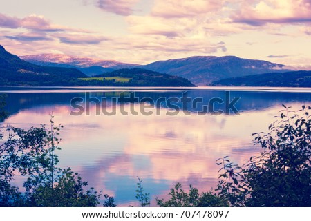 Panoramic view at fjord at sunset light. Mo i Rana, Norway