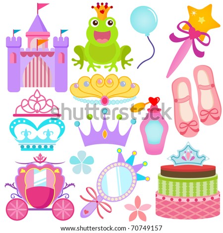 Vector of Sweet Princess theme with pastel castle, frog prince, crown, pink carriage, cake. A set of cute and colorful icon collection isolated on white background
