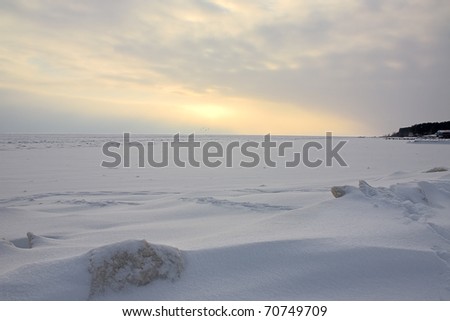Landscape with snow space and sunset in winter, Russia.
