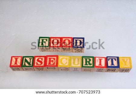 The term food insecurity displayed visually on a white background using colorful wooden toy blocks in landscape format with copy space