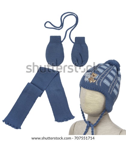 Set of children's clothes, mittens, scarf and hat isolated on white background