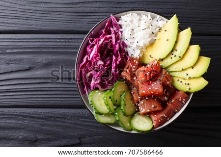 Raw Organic Ahi Tuna Poke Bowl with Rice and Veggies close-up on the table. Top view from above horizontal
 Royalty-Free Stock Photo #707586466