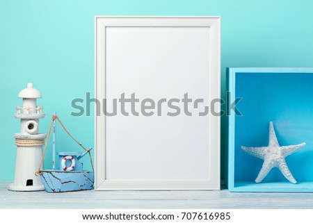 Frame mock up on wooden table. Nursery or kids room interior background