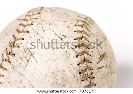 Closeup of well used, rugged softball or baseball on white background.