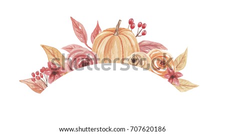 Watercolor Frame Arch Pumpkin Autumn Leaves Hand Painted Arrangement
