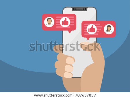 Hand holding modern bezel free smartphone as concept for social network. Thumbs up icon displayed within conversation of man and woman. Illustration in flat design.