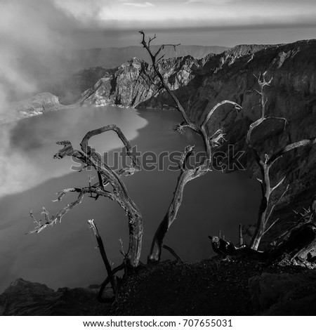 Beautiful Landscape mountain and green lake in the morning at Kawah Ijen volcano , East Java, Indonesia, panoramic, black and white photography ( soft and grain effect)