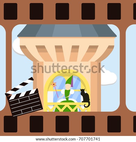 Cinema frame with green witch and black cat on the balcony of a medieval tower. Flat vector illustration