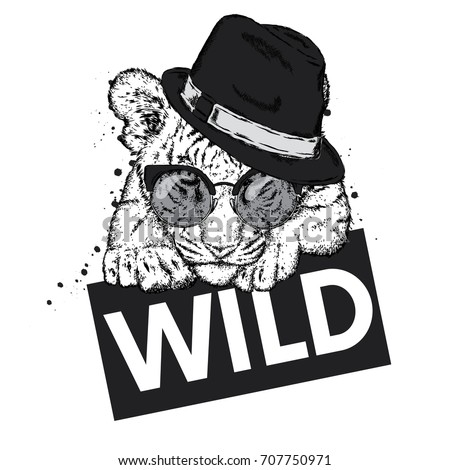 A beautiful tiger cub with glasses and a hat. Vector illustration for a postcard or a poster, print for clothes and accessories. Wild tiger with a sign. Fashion & Style.
