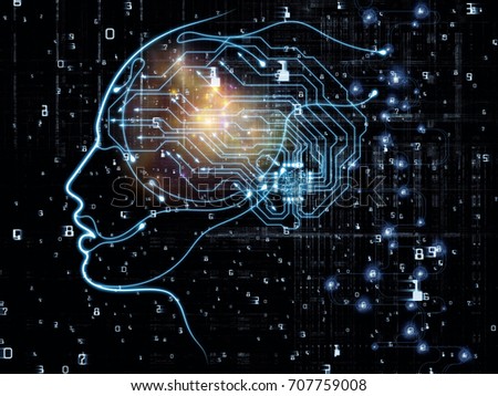 CPU Mind series. Interplay of human face silhouette and technology symbols on the subject of computer science, artificial intelligence and communications