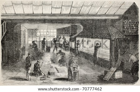 Antique illustration of precious metals foundry in Paris. Original, from drawing of Gaildrau, was published on L'Illustration Journal Universel, Paris, 1860