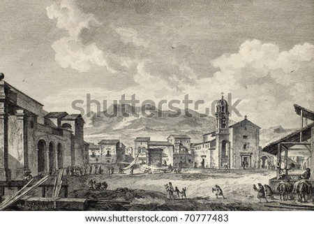 View of the main square in Carini, near Palermo, Italy. By Desprez and De Ghendt, published on Voyage Pittoresque de Naples et de Sicilie,  J. C. R. de Saint Non, Impr. de Clousier, Paris, 1786