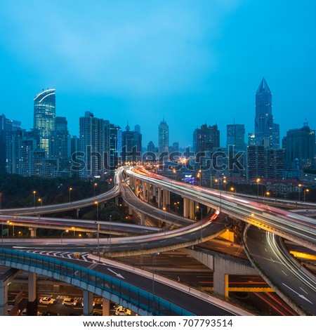 elevated view of Nanpu overpass with rush-hour traffic in the evening,shanghai,china.