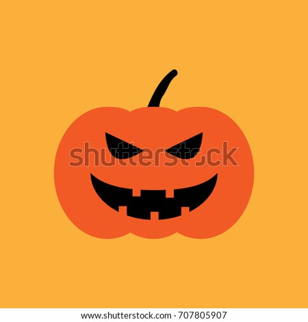 Halloween pumpkin sign. Image of jack-o-lantern. Color icon isolated on orange background. Symbol of autumn holiday. Logo for party. Horror face on vegetable. Mark of All hallows' day. Stock 