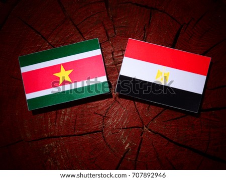 Suriname flag with Egyptian flag on a tree stump isolated