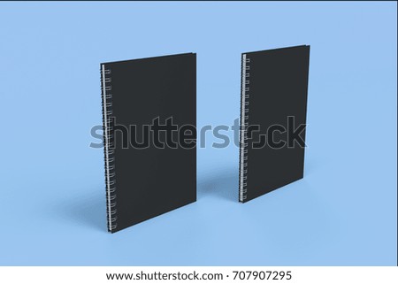Two blank notebooks with black cover and metal spiral bound on blue background. Business or education mockup. 3D rendering illustration