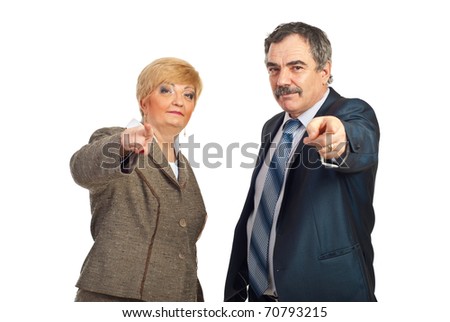 You are the one!Mature business people pointing and chosen you isolated on white background