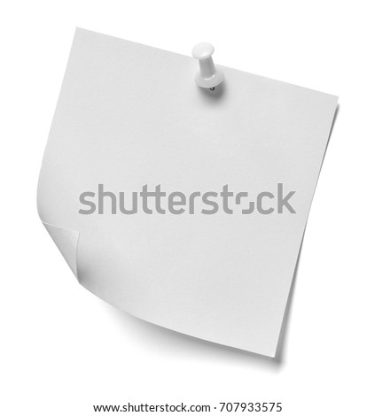 close up of  a note paper with a push pin on white background