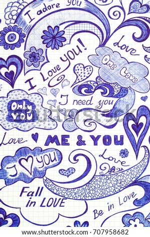 Love doodles messages on checkered paper with phrase, patterns and elements.