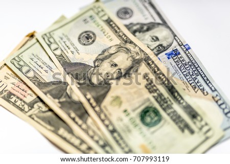 Close up heap of dollars, selective focus. Dollars, the us money background. Dollars seamless background. High resolution seamless texture