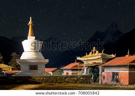 Buddhist stupa of Tengboche Monastery and the top of Everest in the background with millions stars at night, Tengboche Monastery, Everest Base Camp Trek, Sagarmatha National Park, Nepal.