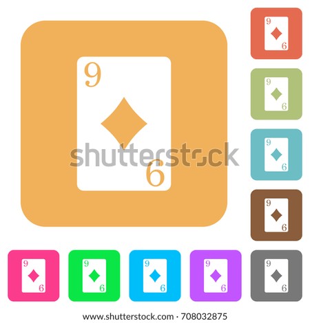 Nine of diamonds card flat icons on rounded square vivid color backgrounds.