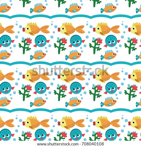 pattern with fish for textiles on white background, children, cheerful, bright