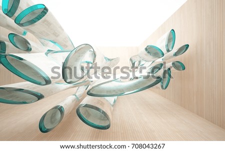 Empty dark abstract brown concrete smooth interior with wood and blue glass. Architectural background. 3D illustration and rendering