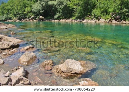 The very clear water of the Tara river, on the border named Hum between Bosnia and Herzegovina and Montenegro.  Southeast Europe.