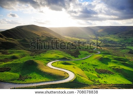 Serpentine Road Among Green Hills of Peak District National Park, Uk. Royalty-Free Stock Photo #708078838
