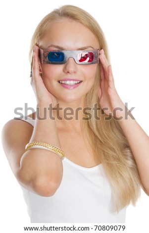 Closeup portrait of a beautiful young female wearing 3d glasses