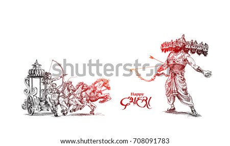 Rama killing Ravana with ten heads Happy Dussehra background showing festival, Hand Drawn Sketch Vector illustration.