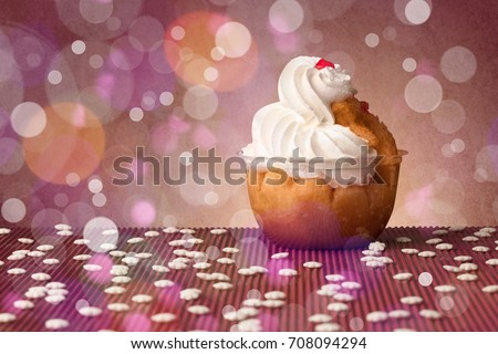 Close up of delicious tasty homemade cakes with bokeh light background