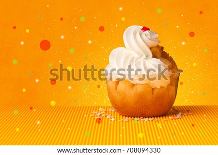 Close up of sweet tasty cakes with colorful background and bokeh light