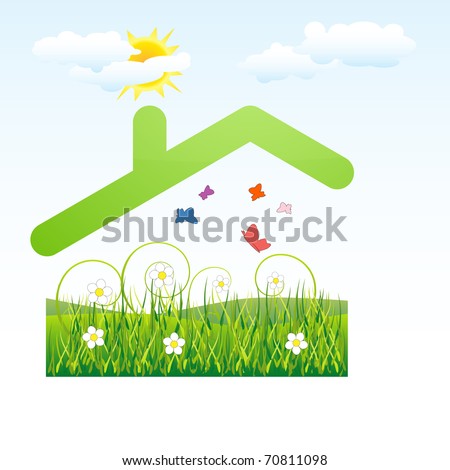 Green roof above flower and grass field - ecology concept