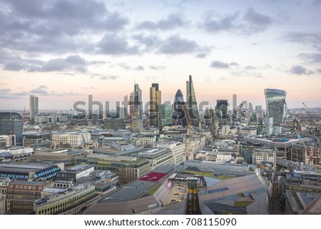 City of London one of the leading centres of global finance. This view from st Paul cathedral includes Tower 42 Gherkin,Willis Building, Stock Exchange Tower and Lloyd`s of London and Canary Wharf