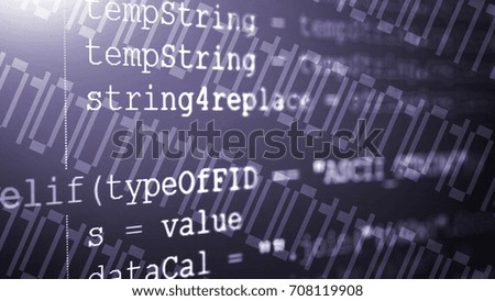 Abstract computer script code. Programming code screen of software developer. Software Programming Work Time. Code text written and created entirely by myself.