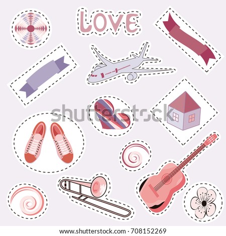 Fashionable color patches with isolated elements on a light background. Set of stickers, pins, patches in cartoon comic style.