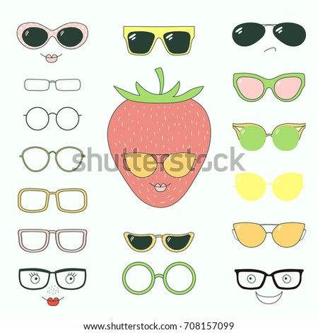 Hand drawn vector illustration of a cute funny strawberry with a set of different faces, glasses and sunglasses. Isolated objects. Design concept for children. Do it yourself.