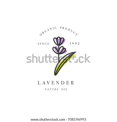 Vector set of packaging design template and emblem - beauty and cosmetic oil - lavender. Logo in trendy linear style Royalty-Free Stock Photo #708196993